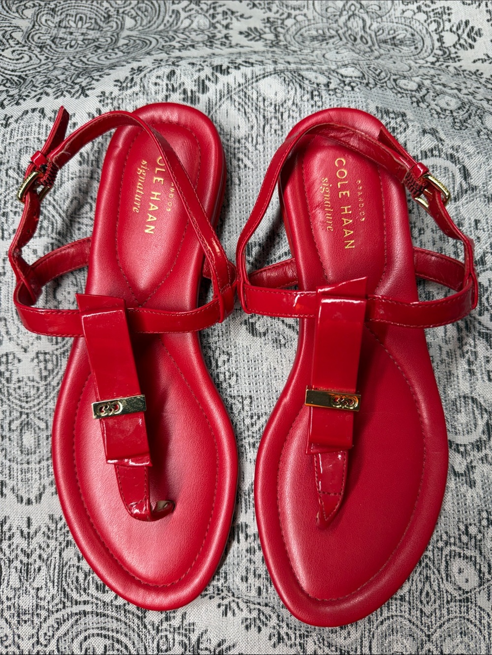 Cole Haan Red Patent T-Strap Sandals with Gold Accent - 6